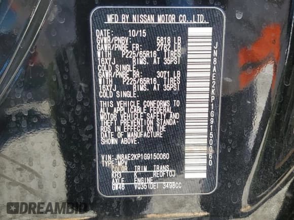 ✅ 2016 Nissan Quest SV • VIN: JN8AE2KP1G9150060 • Lot: 71901305. Listed on Copart with 84,438 mi. Free auction sales archive from the USA and detailed vehicle history report at DreamBid. Image 14.