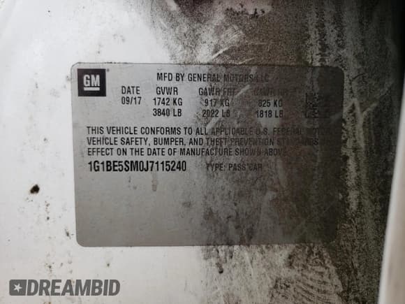 ✅ 2018 Chevrolet Cruze LT • VIN: 1G1BE5SM0J7115240 • Lot: 85850895. Listed on Copart with 143,645 mi. Free auction sales archive from the USA and detailed vehicle history report at DreamBid. Image 12.