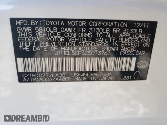 ✅ 2012 Lexus LS 460 • VIN: JTHCL5EF6C5013761 • Lot: 89537085. Listed on Copart with 236,577 mi. Free auction sales archive from the USA and detailed vehicle history report at DreamBid. Image 12.