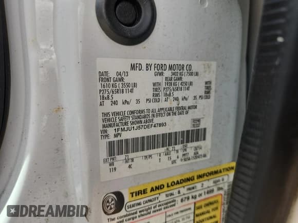 ✅ 2013 Ford Expedition XLT • VIN: 1FMJU1J57DEF47893 • Lot: 70182695. Listed on Copart with 121,192 mi. Free auction sales archive from the USA and detailed vehicle history report at DreamBid. Image 13.