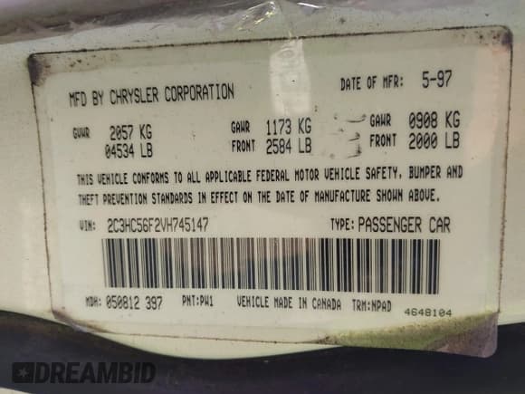 ✅ 1997 Chrysler LHS • VIN: 2C3HC56F2VH745147 • Lot: 43276941. Listed on IAAI with 71,897 mi. Free auction sales archive from the USA and detailed vehicle history report at DreamBid. Image 9.