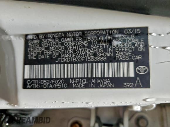 ✅ 2015 Toyota Prius Two • VIN: JTDKDTB32F1583888 • Lot: 96228125. Listed on Copart with 93,098 mi. Free auction sales archive from the USA and detailed vehicle history report at DreamBid. Image 13.