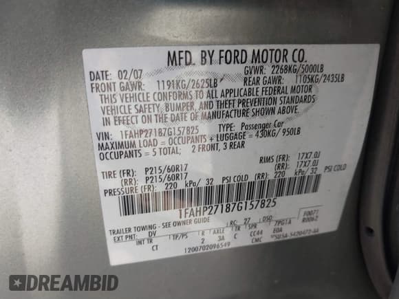 ✅ 2007 Ford Five Hundred SEL • VIN: 1FAHP27187G157825 • Лот: 41767515. Опубликован ранее на IAAI с пробегом Не указан. Бесплатный доступ к архиву аукционных продаж из США и подробный отчёт об истории автомобиля на DreamBid. Изображение 9.