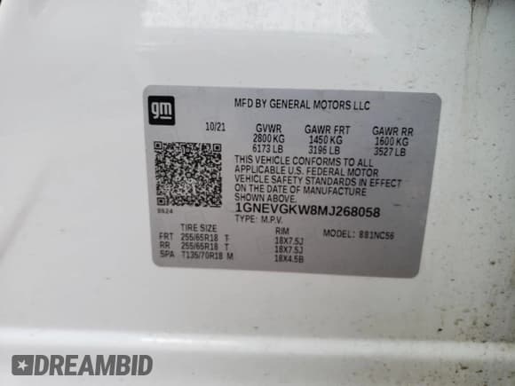✅ 2021 Chevrolet Traverse LT Cloth • VIN: 1GNEVGKW8MJ268058 • Lot: 67517114. Wystawiony na Copart z przebiegiem 47 249 mil. Bezpłatny archiwum sprzedaży aukcyjnych z USA i szczegółowy raport historii pojazdu na DreamBid. Zdjęcie 15.