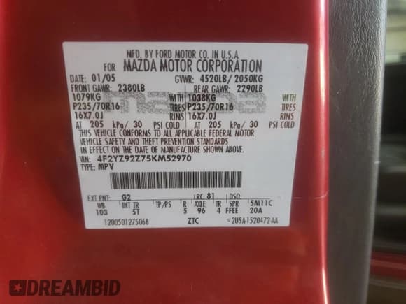 ✅ 2005 Mazda Tribute i • VIN: 4F2YZ92Z75KM52970 • Lot: 80669035. Wystawiony na Copart z przebiegiem 152 857 mil. Bezpłatny archiwum sprzedaży aukcyjnych z USA i szczegółowy raport historii pojazdu na DreamBid. Zdjęcie 13.