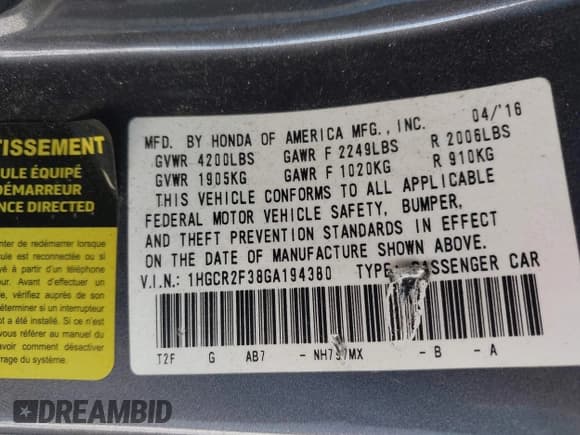 ✅ 2016 Honda Accord LX • VIN: 1HGCR2F38GA194380 • Lot: 43671730. Listed on IAAI with 112,961 mi. Free auction sales archive from the USA and detailed vehicle history report at DreamBid. Image 9.