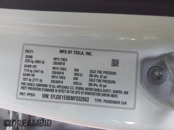 ✅ 2021 Tesla Model 3 Long Range • VIN: 5YJ3E1EB8MF032863 • Lot: 43725656. Wystawiony na IAAI z przebiegiem 36 062 mil. Bezpłatny archiwum sprzedaży aukcyjnych z USA i szczegółowy raport historii pojazdu na DreamBid. Zdjęcie 9.