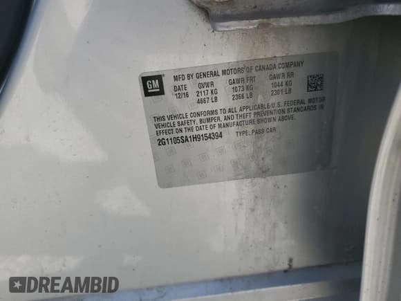 ✅ 2017 Chevrolet Impala LT • VIN: 2G1105SA1H9154394 • Лот: 69740605. Опубликован ранее на Copart с пробегом 152 094 миль. Бесплатный доступ к архиву аукционных продаж из США и подробный отчёт об истории автомобиля на DreamBid. Изображение 12.