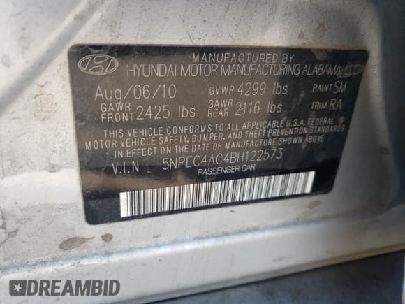 ✅ 2011 Hyundai Sonata SE • VIN: 5NPEC4AC4BH122573 • Lot: 89730045. Listed on Copart with 194,195 mi. Free auction sales archive from the USA and detailed vehicle history report at DreamBid. Image 13.