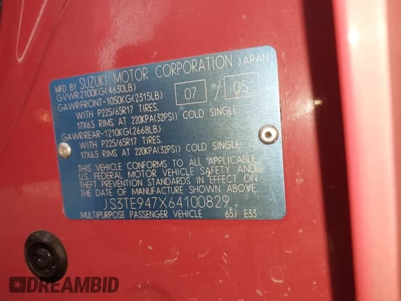 ✅ 2006 Suzuki Grand Vitara Luxury • VIN: JS3TE947X64100829 • Lot: 41489426. Listed on IAAI with Not provided. Free auction sales archive from the USA and detailed vehicle history report at DreamBid. Image 9.