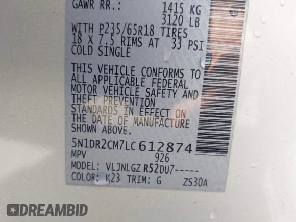 ✅ 2020 Nissan Pathfinder SL • VIN: 5N1DR2CM7LC612874 • Лот: 43015937. Опубликован ранее на IAAI с пробегом 111 018 миль. Бесплатный доступ к архиву аукционных продаж из США и подробный отчёт об истории автомобиля на DreamBid. Изображение 9.