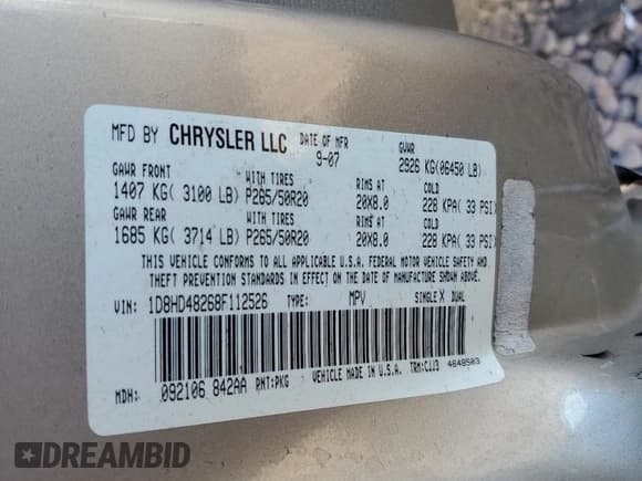 ✅ 2008 Dodge Durango SLT • VIN: 1D8HD48268F112526 • Lot: 88254395. Listed on Copart with 179,212 mi. Free auction sales archive from the USA and detailed vehicle history report at DreamBid. Image 15.