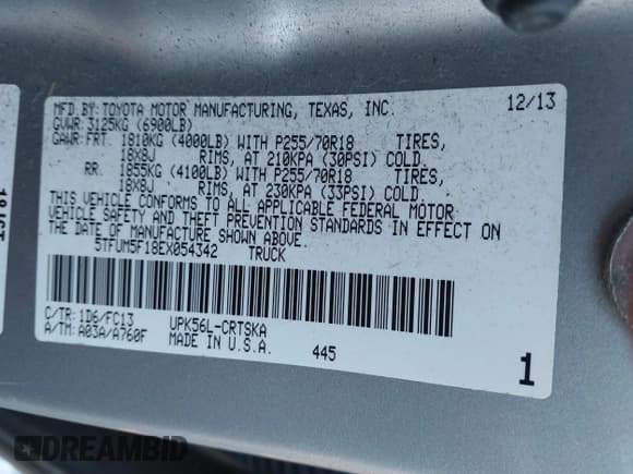 ✅ 2014 Toyota Tundra SR • VIN: 5TFUM5F18EX054342 • Lot: 43821169. Listed on IAAI with 127,216 mi. Free auction sales archive from the USA and detailed vehicle history report at DreamBid. Image 9.