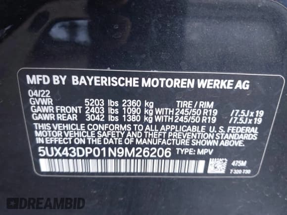 ✅ 2022 BMW X3 sDrive30i • VIN: 5UX43DP01N9M26206 • Lot: 43578065. Listed on IAAI with 53,468 mi. Free auction sales archive from the USA and detailed vehicle history report at DreamBid. Image 9.