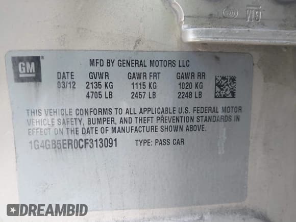 ✅ 2012 Buick LaCrosse Convenience • VIN: 1G4GB5ER0CF313091 • Lot: 41700611. Wystawiony na IAAI z przebiegiem 91 579 mil. Bezpłatny archiwum sprzedaży aukcyjnych z USA i szczegółowy raport historii pojazdu na DreamBid. Zdjęcie 9.