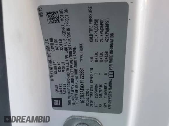 ✅ 2015 Chevrolet Colorado 2WD WT • VIN: 1GCHSAEAXF1226831 • Lot: 90935005. Listed on Copart with 172,591 mi. Free auction sales archive from the USA and detailed vehicle history report at DreamBid. Image 12.