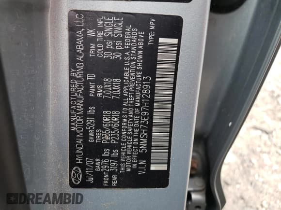 ✅ 2007 Hyundai Santa Fe SE • VIN: 5NMSH73E97H128913 • Lot: 72195364. Listed on Copart with 219,767 mi. Free auction sales archive from the USA and detailed vehicle history report at DreamBid. Image 13.