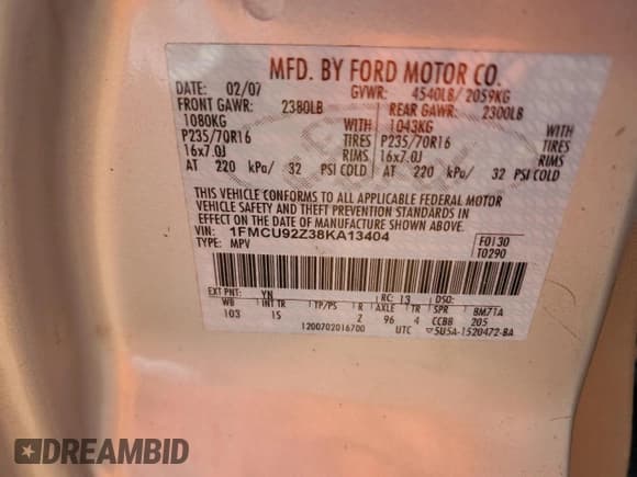 ✅ 2008 Ford Escape XLS • VIN: 1FMCU92Z38KA13404 • Lot: 81119785. Wystawiony na Copart z przebiegiem 219 816 mil. Bezpłatny archiwum sprzedaży aukcyjnych z USA i szczegółowy raport historii pojazdu na DreamBid. Zdjęcie 14.