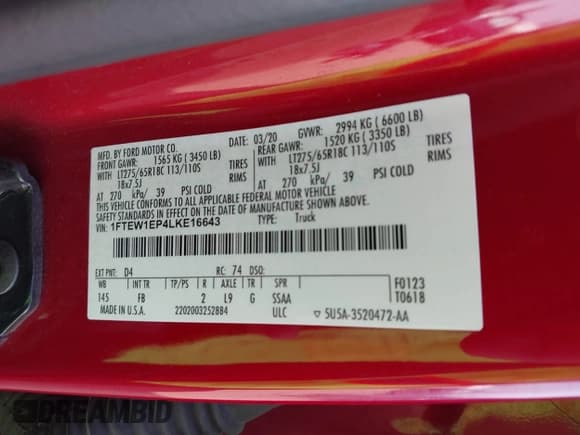 ✅ 2020 Ford F-150 XL • VIN: 1FTEW1EP4LKE16643 • Lot: 43161741. Wystawiony na IAAI z przebiegiem 69 349 mil. Bezpłatny archiwum sprzedaży aukcyjnych z USA i szczegółowy raport historii pojazdu na DreamBid. Zdjęcie 9.