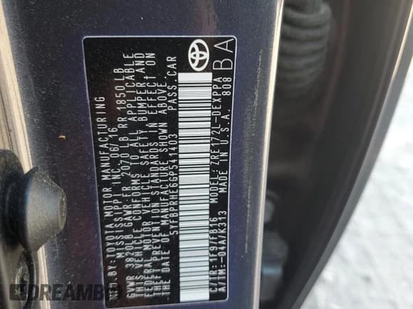 ✅ 2016 Toyota Corolla LE Eco • VIN: 5YFBPRHE6GP541403 • Lot: 80948795. Wystawiony na Copart z przebiegiem 50 437 mil. Bezpłatny archiwum sprzedaży aukcyjnych z USA i szczegółowy raport historii pojazdu na DreamBid. Zdjęcie 12.