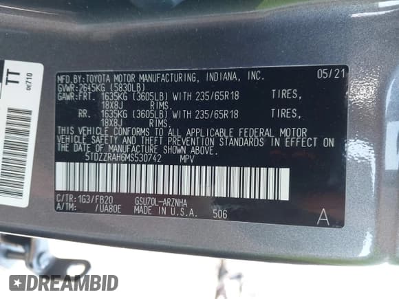 ✅ 2021 Toyota Highlander LE • VIN: 5TDZZRAH6MS530742 • Lot: 43514535. Listed on IAAI with 73,006 mi. Free auction sales archive from the USA and detailed vehicle history report at DreamBid. Image 9.