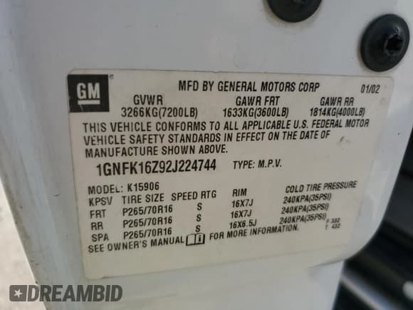 ✅ 2002 Chevrolet Suburban LT • VIN: 1GNFK16Z92J224744 • Лот: 62101515. Опубликован ранее на Copart с пробегом Не указан. Бесплатный доступ к архиву аукционных продаж из США и подробный отчёт об истории автомобиля на DreamBid. Изображение 13.