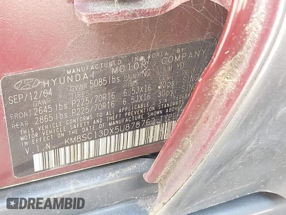 ✅ 2005 Hyundai Santa Fe GLS • VIN: KM8SC13DX5U878762 • Lot: 42255565. Listed on IAAI with 184,289 mi. Free auction sales archive from the USA and detailed vehicle history report at DreamBid. Image 9.