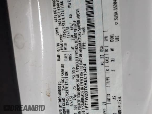 ✅ 2019 Ford F-250 XL • VIN: 1FT7W2BT0KEC13424 • Lot: 58567515. Listed on Copart with 153,298 mi. Free auction sales archive from the USA and detailed vehicle history report at DreamBid. Image 12.