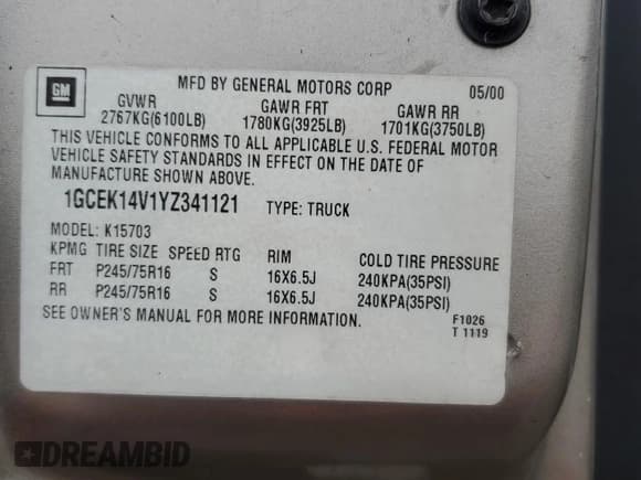 ✅ 2000 Chevrolet Silverado 1500 • VIN: 1GCEK14V1YZ341121 • Lot: 68651164. Listed on Copart with 216,689 mi. Free auction sales archive from the USA and detailed vehicle history report at DreamBid. Image 12.