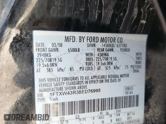 ✅ 2008 Ford F-450 XL • VIN: 1FTXW43R38ED76995 • Lot: 84958645. Wystawiony na Copart z przebiegiem 135 848 mil. Bezpłatny archiwum sprzedaży aukcyjnych z USA i szczegółowy raport historii pojazdu na DreamBid. Zdjęcie 13.