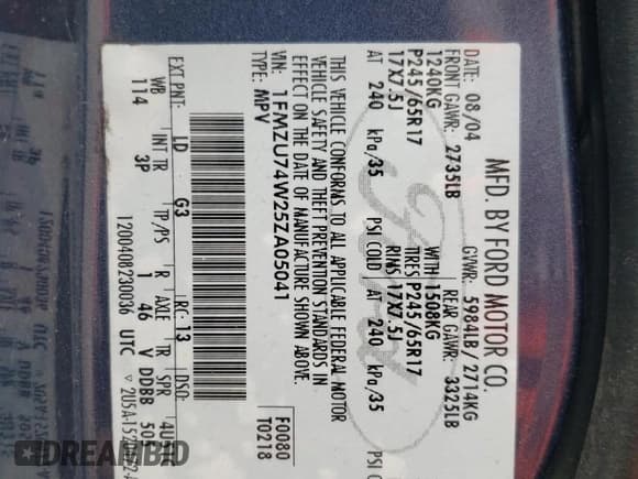 ✅ 2005 Ford Explorer Eddie Bauer • VIN: 1FMZU74W25ZA05041 • Lot: 64778595. Listed on Copart with 153,160 mi. Free auction sales archive from the USA and detailed vehicle history report at DreamBid. Image 13.