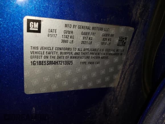 ✅ 2017 Chevrolet Cruze LT • VIN: 1G1BE5SM4H7213925 • Lot: 33695362. Listed on Copart with 52,989 mi. Free auction sales archive from the USA and detailed vehicle history report at DreamBid. Image 10.