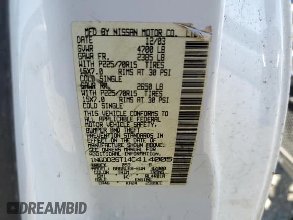 ✅ 2004 Nissan Frontier XE • VIN: 1N6DD26T14C414005 • Lot: 54375995. Listed on Copart with 157,104 mi. Free auction sales archive from the USA and detailed vehicle history report at DreamBid. Image 12.