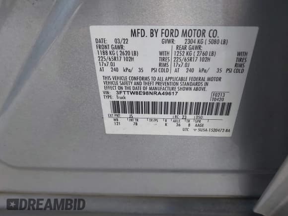✅ 2022 Ford Maverick Lariat • VIN: 3FTTW8E98NRA49617 • Lot: 43449408. Wystawiony na IAAI z przebiegiem 34 347 mil. Bezpłatny archiwum sprzedaży aukcyjnych z USA i szczegółowy raport historii pojazdu na DreamBid. Zdjęcie 9.