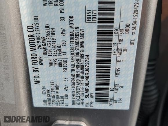 ✅ 2024 Lincoln Nautilus Premiere • VIN: 5LMPJ8J48RJ873734 • Lot: 67728175. Listed on Copart with 9,652 mi. Free auction sales archive from the USA and detailed vehicle history report at DreamBid. Image 13.