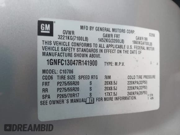 ✅ 2007 Chevrolet Tahoe LT • VIN: 1GNFC13047R141900 • Lot: 43637859. Listed on IAAI with Not provided. Free auction sales archive from the USA and detailed vehicle history report at DreamBid. Image 9.