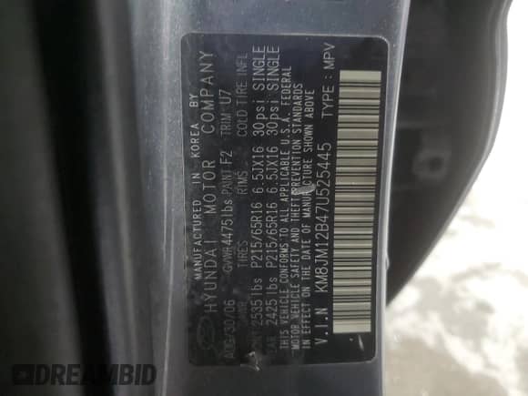 2007 Hyundai Tucson GLS z VIN KM8JM12B47U525445, wystawiony jako Copart lot #83848614 z przebiegiem Nie podano mil oraz Szkoda całkowita • Salvage title. Historia ofert i sprzedaży dostępna na DreamBid. Obrazek 15.