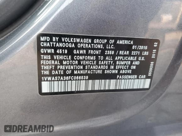 ✅ 2015 Volkswagen Passat S • VIN: 1VWAS7A36FC066539 • Lot: 92861255. Listed on Copart with 226,702 mi. Free auction sales archive from the USA and detailed vehicle history report at DreamBid. Image 12.