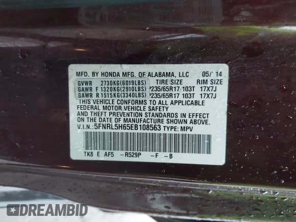 ✅ 2014 Honda Odyssey EX-L • VIN: 5FNRL5H65EB108563 • Lot: 43754911. Listed on IAAI with 271,491 mi. Free auction sales archive from the USA and detailed vehicle history report at DreamBid. Image 9.