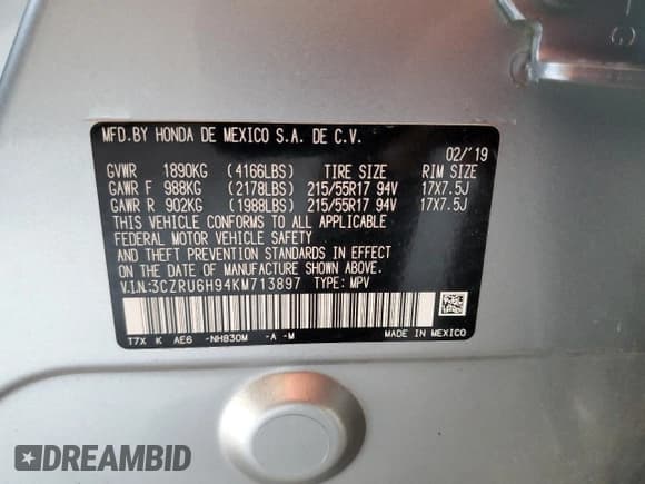 ✅ 2019 Honda HR-V Touring • VIN: 3CZRU6H94KM713897 • Лот: 70648005. Опубликован ранее на Copart с пробегом 94 754 миль. Бесплатный доступ к архиву аукционных продаж из США и подробный отчёт об истории автомобиля на DreamBid. Изображение 13.