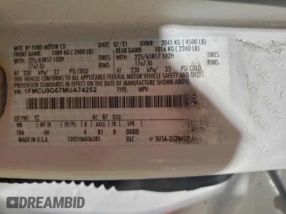 ✅ 2021 Ford Escape SE • VIN: 1FMCU9G67MUA74252 • Lot: 94546315. Listed on Copart with 47,750 mi. Free auction sales archive from the USA and detailed vehicle history report at DreamBid. Image 14.