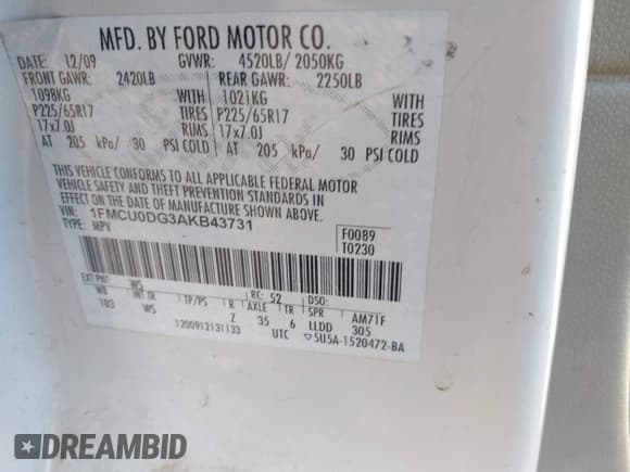 ✅ 2010 Ford Escape XLT • VIN: 1FMCU0DG3AKB43731 • Lot: 43790605. Wystawiony na IAAI z przebiegiem 210 384 mil. Bezpłatny archiwum sprzedaży aukcyjnych z USA i szczegółowy raport historii pojazdu na DreamBid. Zdjęcie 9.