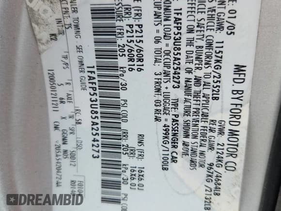 ✅ 2005 Ford Taurus SE • VIN: 1FAFP53U85A254273 • Лот: 91710635. Опубликован ранее на Copart с пробегом Не указан. Бесплатный доступ к архиву аукционных продаж из США и подробный отчёт об истории автомобиля на DreamBid. Изображение 12.