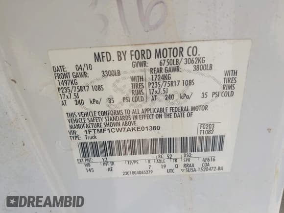 ✅ 2010 Ford F-150 XL • VIN: 1FTMF1CW7AKE01380 • Lot: 42802635. Listed on IAAI with 148,615 mi. Free auction sales archive from the USA and detailed vehicle history report at DreamBid. Image 9.