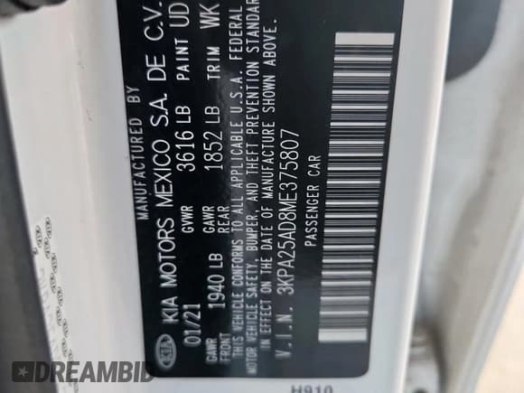 ✅ 2021 Kia Rio S • VIN: 3KPA25AD8ME375807 • Lot: 82187585. Wystawiony na Copart z przebiegiem 31 261 mil. Bezpłatny archiwum sprzedaży aukcyjnych z USA i szczegółowy raport historii pojazdu na DreamBid. Zdjęcie 12.