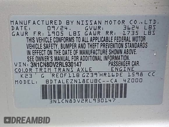 ✅ 2024 Nissan Versa S • VIN: 3N1CN8DV2RL930147 • Lot: 42369601. Listed on IAAI with 19,189 mi. Free auction sales archive from the USA and detailed vehicle history report at DreamBid. Image 9.