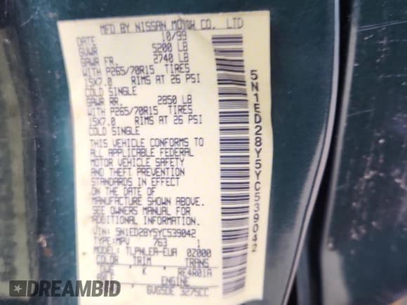 ✅ 2000 Nissan Xterra XE • VIN: 5N1ED28Y5YC539042 • Lot: 68954695. Wystawiony na Copart z przebiegiem 247 575 mil. Bezpłatny archiwum sprzedaży aukcyjnych z USA i szczegółowy raport historii pojazdu na DreamBid. Zdjęcie 12.