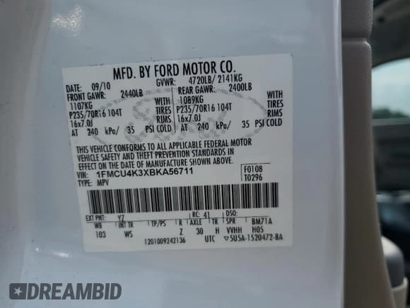 ✅ 2011 Ford Escape Hybrid • VIN: 1FMCU4K3XBKA56711 • Lot: 59789395. Listed on Copart with 159,812 mi. Free auction sales archive from the USA and detailed vehicle history report at DreamBid. Image 13.