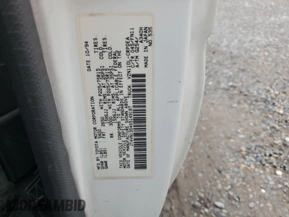 ✅ 1995 Toyota Pickup DLX • VIN: JT4VN13D4S5149187 • Lot: 92994495. Wystawiony na Copart z przebiegiem 121 458 mil. Bezpłatny archiwum sprzedaży aukcyjnych z USA i szczegółowy raport historii pojazdu na DreamBid. Zdjęcie 12.