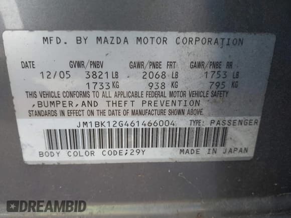 ✅ 2006 Mazda 3 i • VIN: JM1BK12G461466004 • Lot: 42515391. Listed on IAAI with 170,745 mi. Free auction sales archive from the USA and detailed vehicle history report at DreamBid. Image 9.